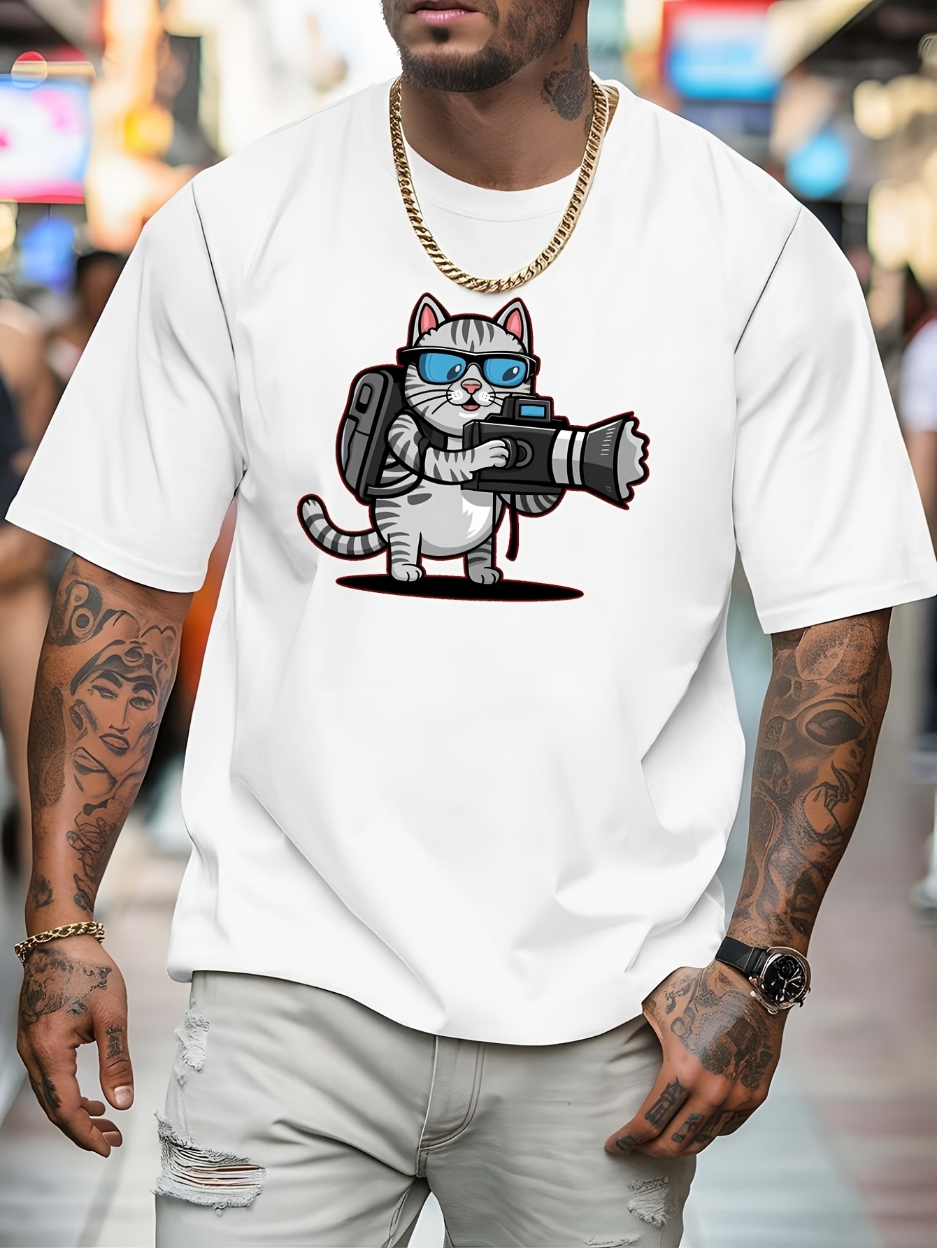 Street Fashion Photographers - Weißes Herren-T-Shirt mit Fotografen-Katzen-Cartoon-Print, Rundhalsausschnitt, Baumwolle,