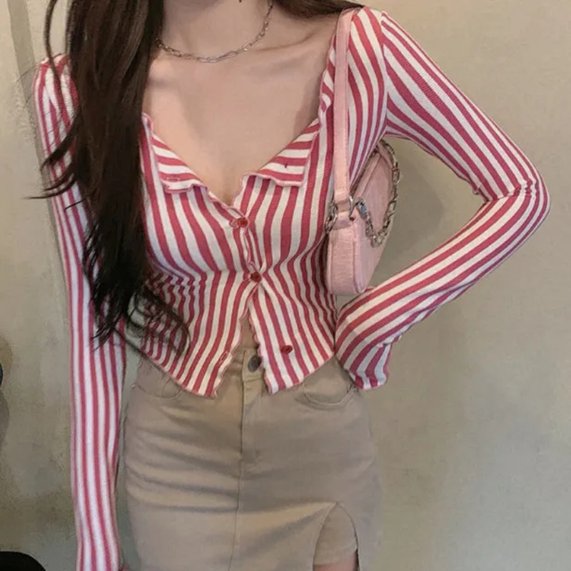 Street Fashion Korea - Mexzt Vintage gestreifte Hemden Frauen y2k