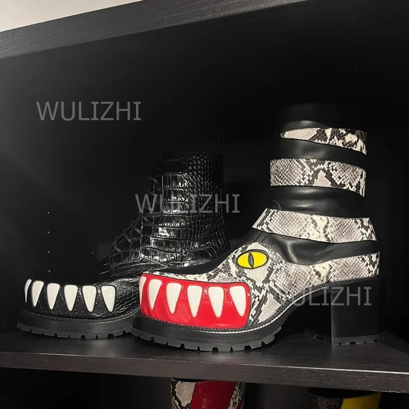Street Fashion Graffiti - Herren-Stiefel mit Leoparden-Graffiti-Zahn-Totem, schwarzes Lackleder, Blockabsatz,