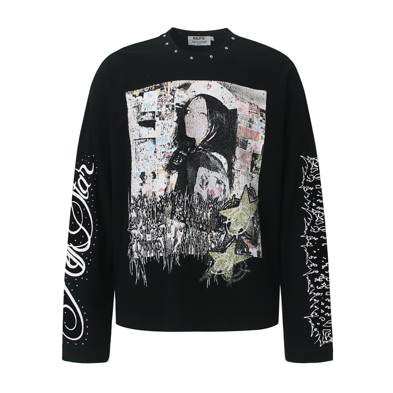 Street Fashion Graffiti - Herren High-Street-Graffiti-T-Shirt mit Nieten, Modisches Streetwear-Druck-Langarmshirt,