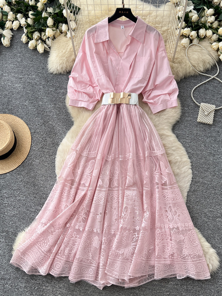 Street Fashion Events - Französischer Pendler-Stil Rosa A-Linien-Kleid mit Spitzen-Patchwork