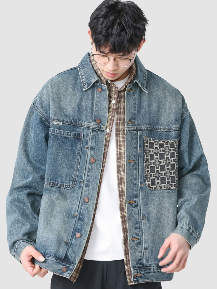Street Fashion Hong Kong - Vintage Stickerei Tasche Denim Jacke Herren