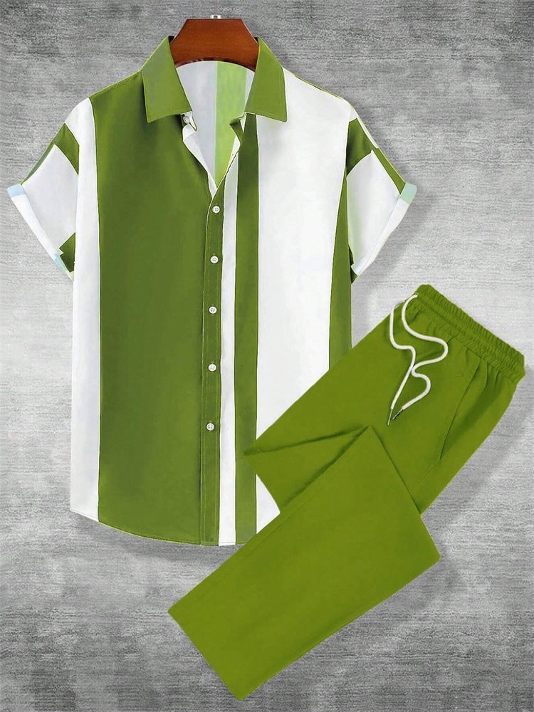 Street Fashion Urban - 2025 Herbst einfach gestreift 3D-gedrucktes Herren-Herbsthemd-Set,