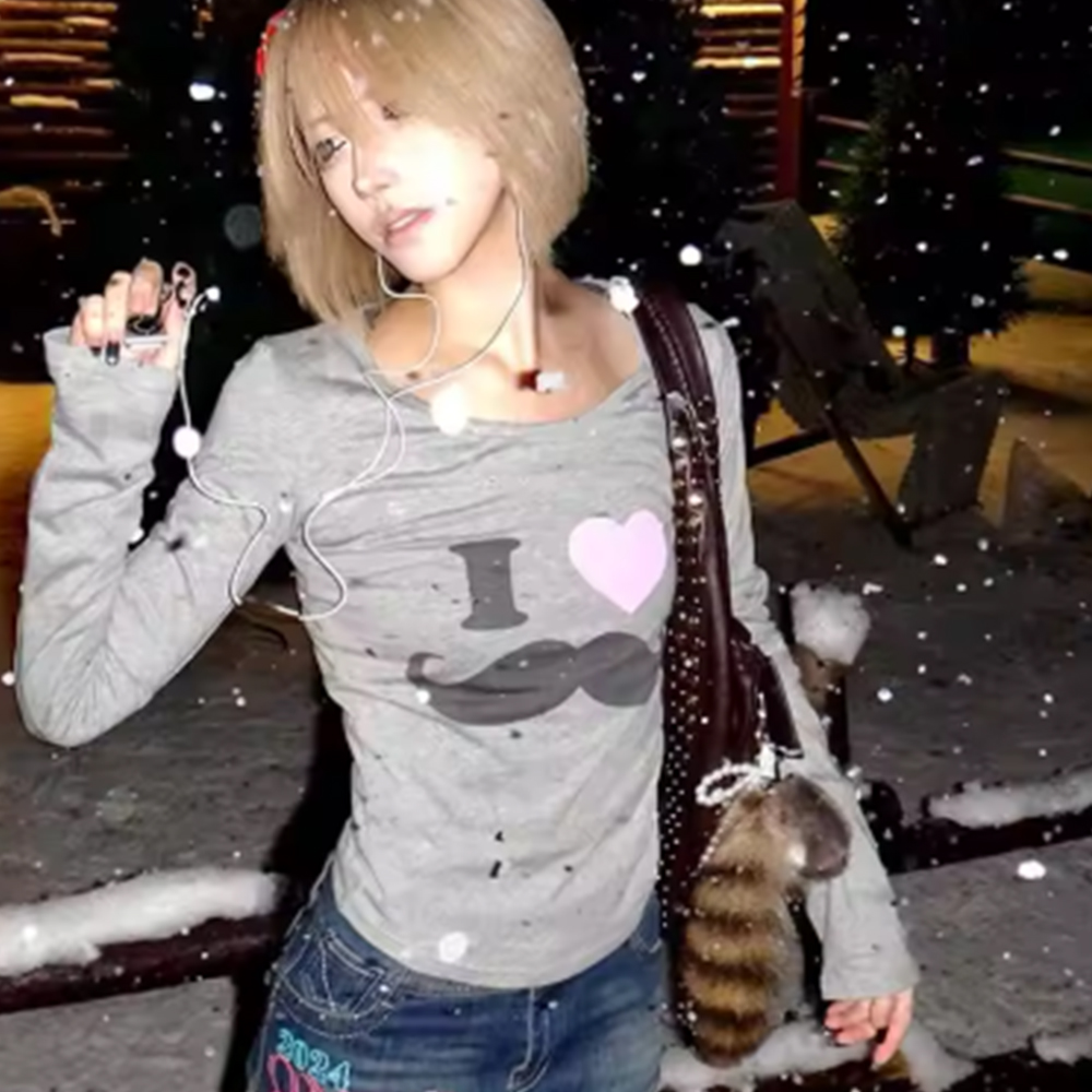 Street Fashion Korea - Japanisches Y2K-T-Shirt mit Bart-Print, Vintage Harajuku