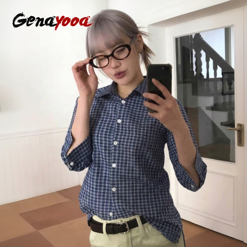 Street Fashion Korea - Genayooa Y2k Kariertes Hemd Damen Dreiviertel-Freizeithemd