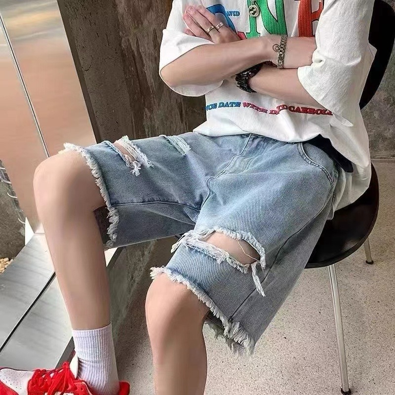 Street Fashion Hong Kong - Sommer-Jeansshorts für Herren, Retro-Stil, zerrissen, Hong
