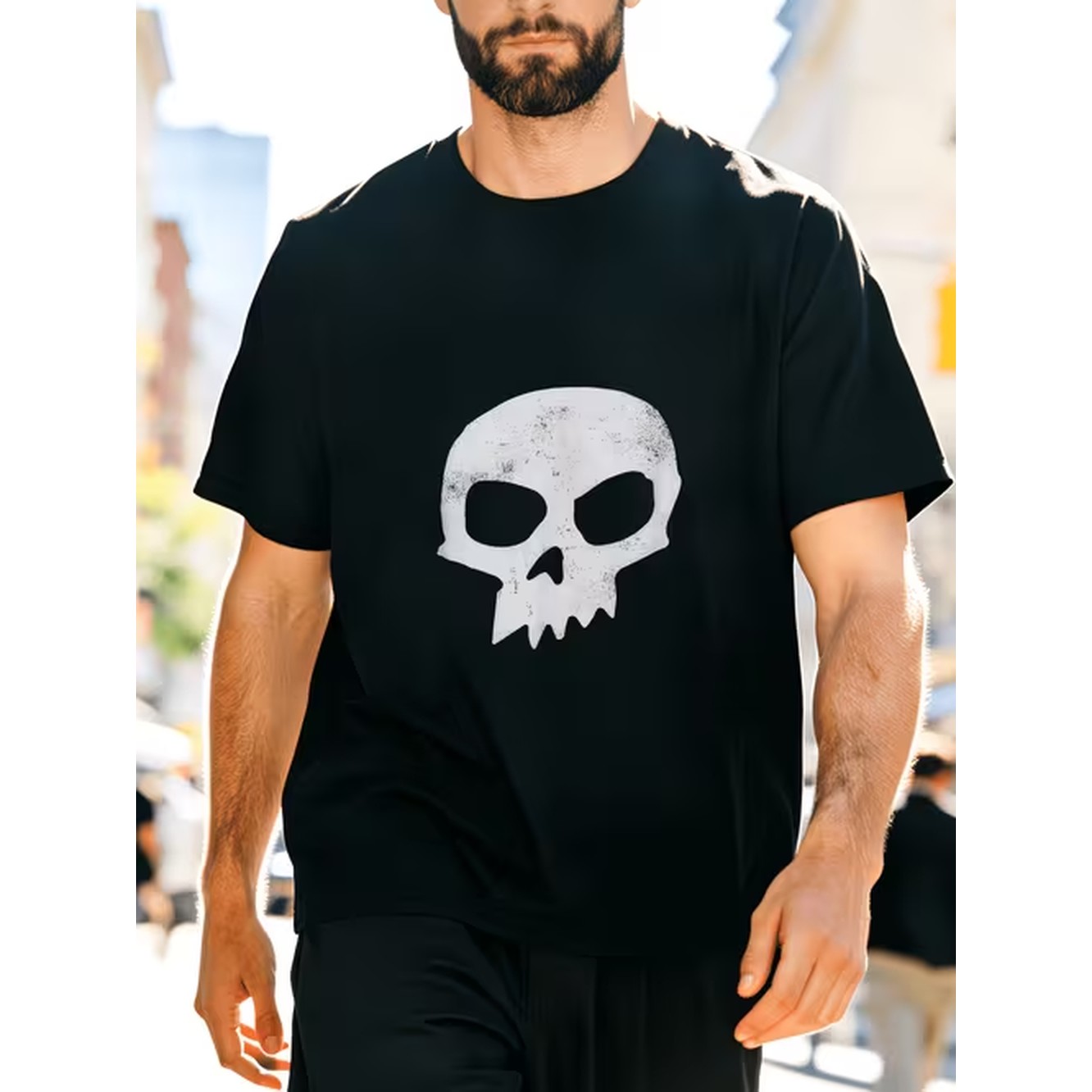 Street Fashion Outfit For Men - Herren-T-Shirt mit Totenkopf-Print in Schwarz, 100