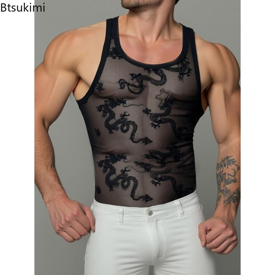 Street Fashion Outfit For Men - Sexy Spitzen-Tanktops für Männer Transparentes Mesh
