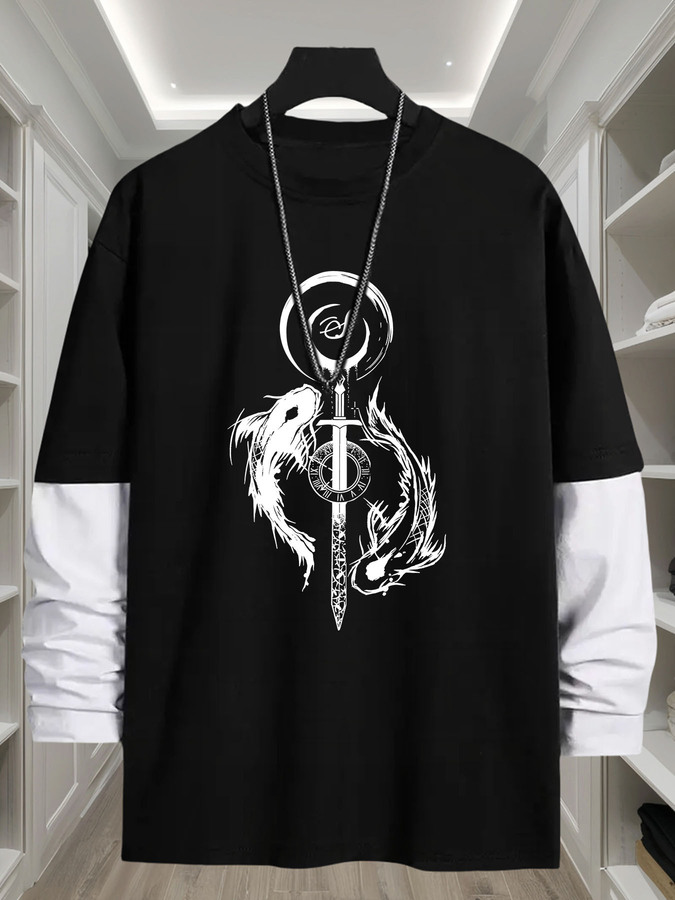 Street Fashion Look - J1417 Yin-Yang Fisch-Print 2-in-1 Look Langarm-T-Shirt