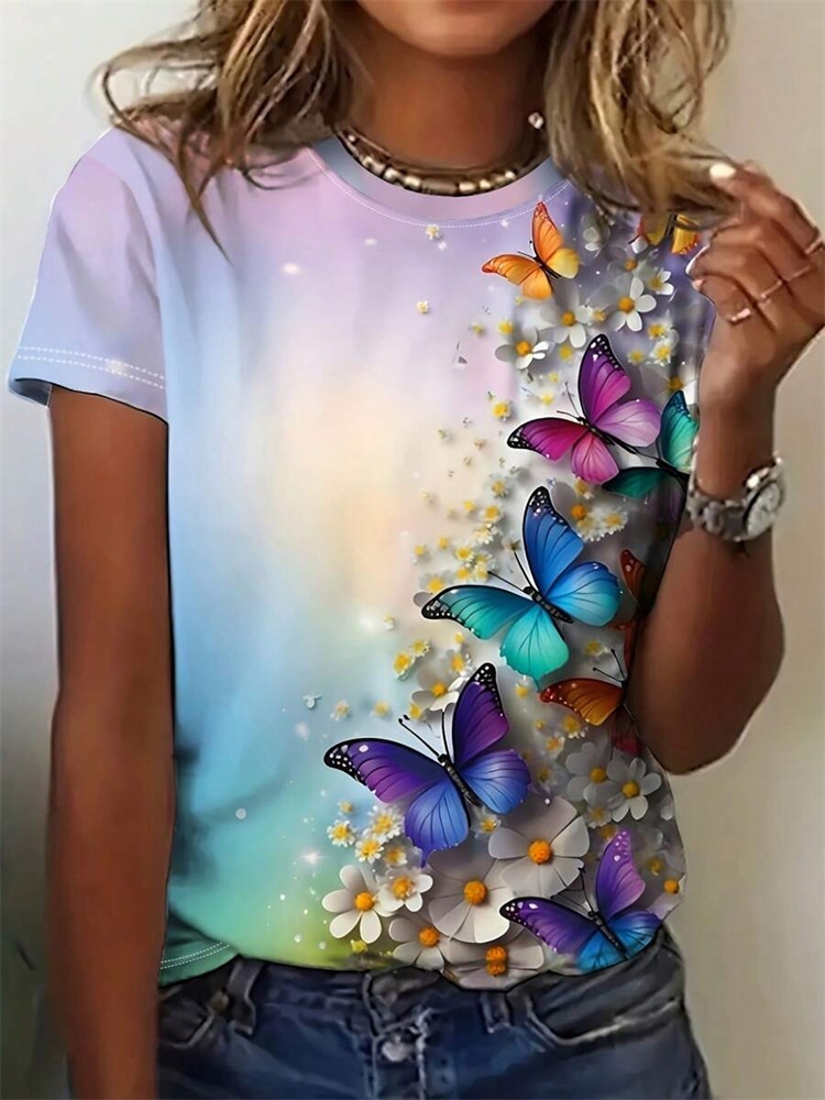Street Fashion Urban - Damen-T-Shirt mit Schmetterlingsdruck, Sommer, Alltag, lässig,