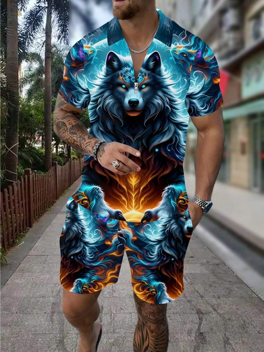 Herrenmode 3D-Wolf-Print Reißv – Street Fashion Outfit For Men Bewertung und Preis