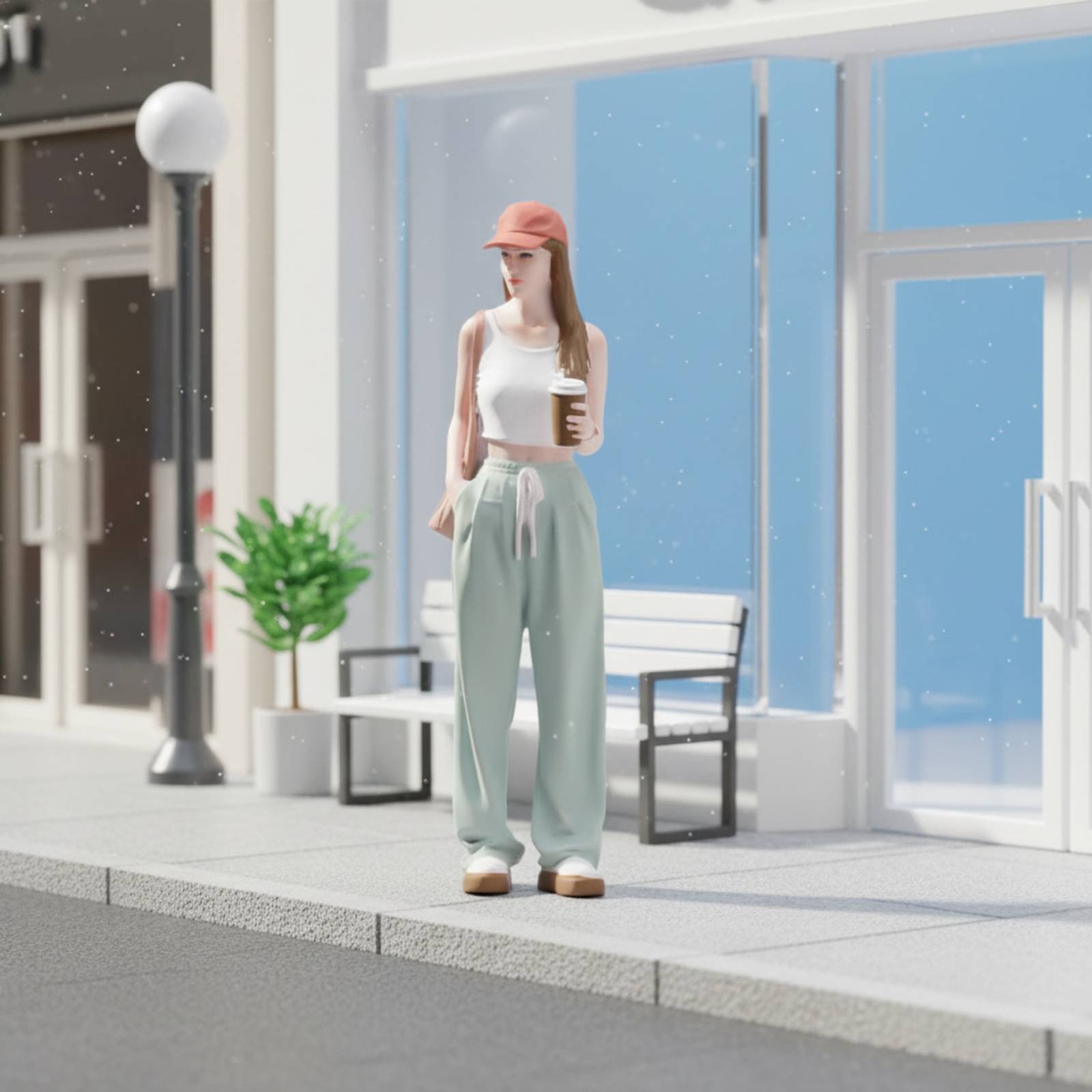 Mädchenfigur mit Kaffee, Farbe – Street Fashion Pose Bewertung und Preis